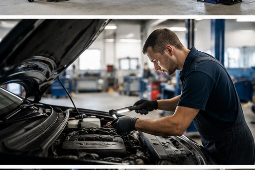 Mechaniker bei der Arbeit am Motor eines Fahrzeugs
