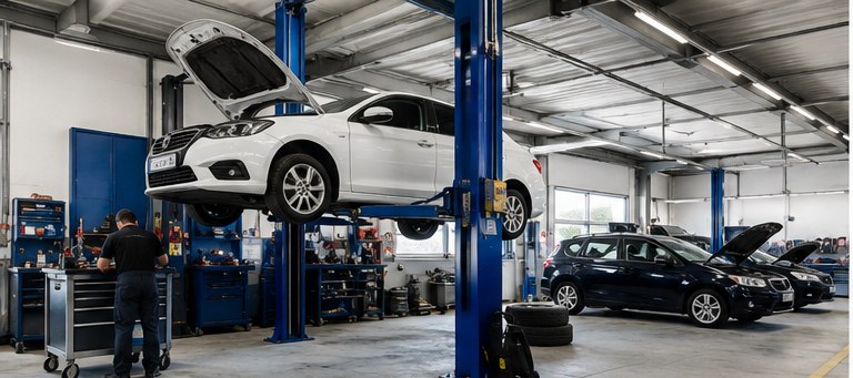 Werkstatthalle der Saifi KFZ-Fachwerkstatt mit Fahrzeug auf der Hebebühne