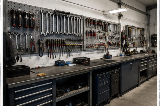 Werkzeugwand und Arbeitsplatz in der Werkstatt